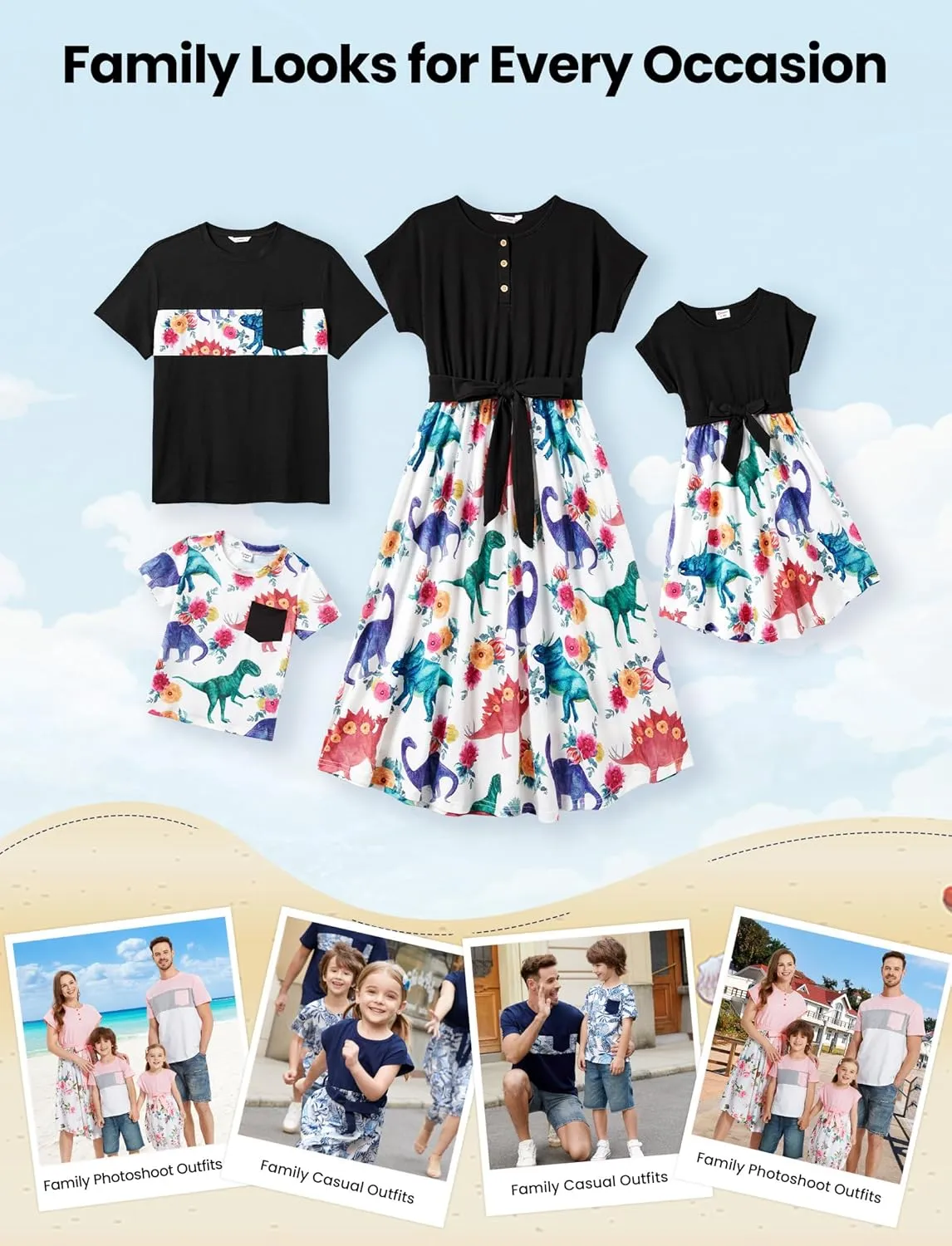 PATPAT Family Matching Outfits Short Sleeve Belted Spliced Pattern Print Dresses and Casual T-Shirts Matching Sets