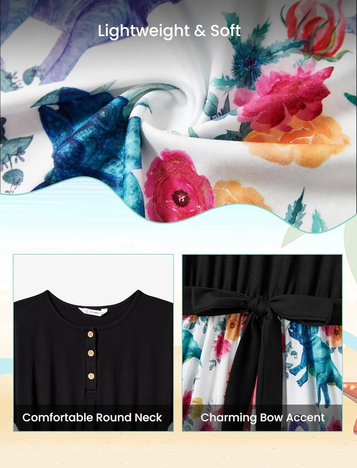 PATPAT Family Matching Outfits Short Sleeve Belted Spliced Pattern Print Dresses and Casual T-Shirts Matching Sets
