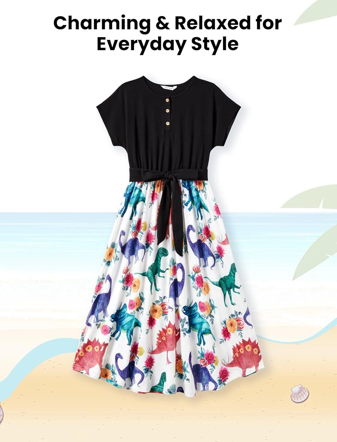PATPAT Family Matching Outfits Short Sleeve Belted Spliced Pattern Print Dresses and Casual T-Shirts Matching Sets