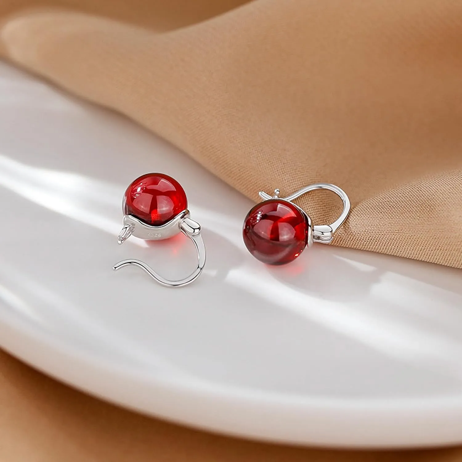 Pearl Drop Earrings 925 Sterling Silver Big Pearl Hoop Huggie Earring for Women 14K Gold Plated Red Agate Bead Dangle Drop Earring Birthday Wedding Graduation Jewelry Gifts for Her
