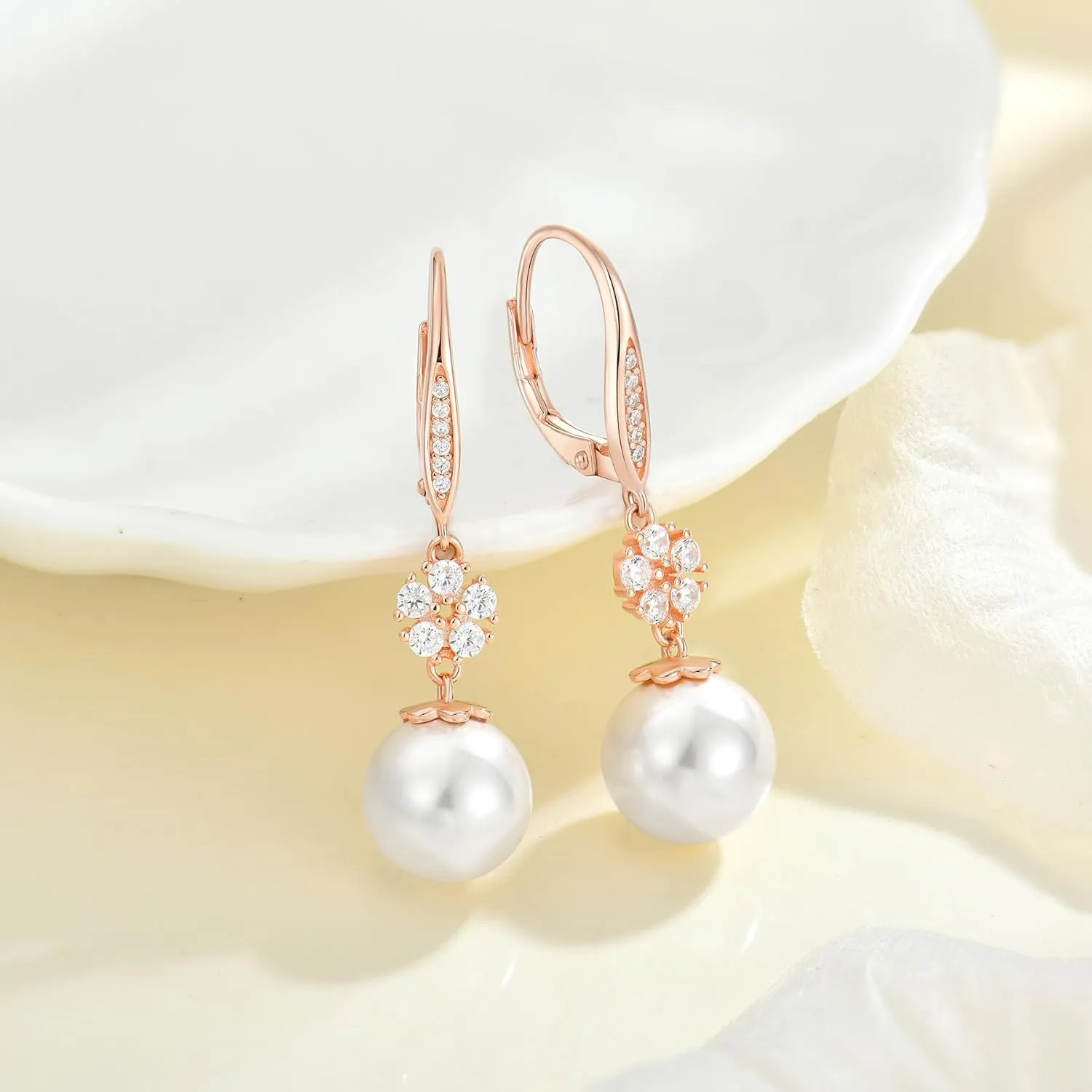 Pearl Earrings 925 Sterling Silver 10MM Swarovski Pearl Flower Dangle Drop Leverback Earrings with 5A Cubic Zirconia for Brides Bridesmaids Proms Birthday Jewerly Gifts for Women