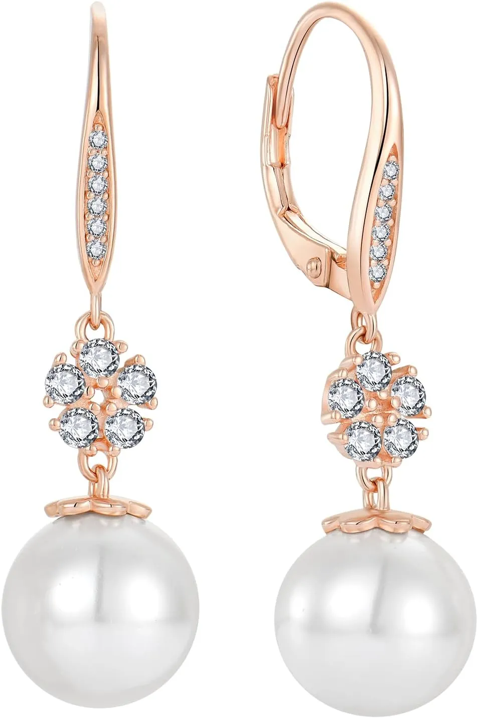 Pearl Earrings 925 Sterling Silver 10MM Swarovski Pearl Flower Dangle Drop Leverback Earrings with 5A Cubic Zirconia for Brides Bridesmaids Proms Birthday Jewerly Gifts for Women