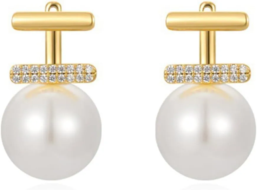 Pearl Earrings Jackets for Women Trendy, 13mm Pearl Drop Earrings with S925 Sterling Silver Pins, 18K Gold Plated Shell Pearl Drop Earring Jewelry for Gift, Christmas Wedding Anniversary
