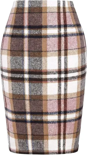 Pencil Plaid Skirts for Women Fall Winter High Waisted Dancing Girls Tutu Skirts Bodycon Knee Length Midi Skirt with Slit