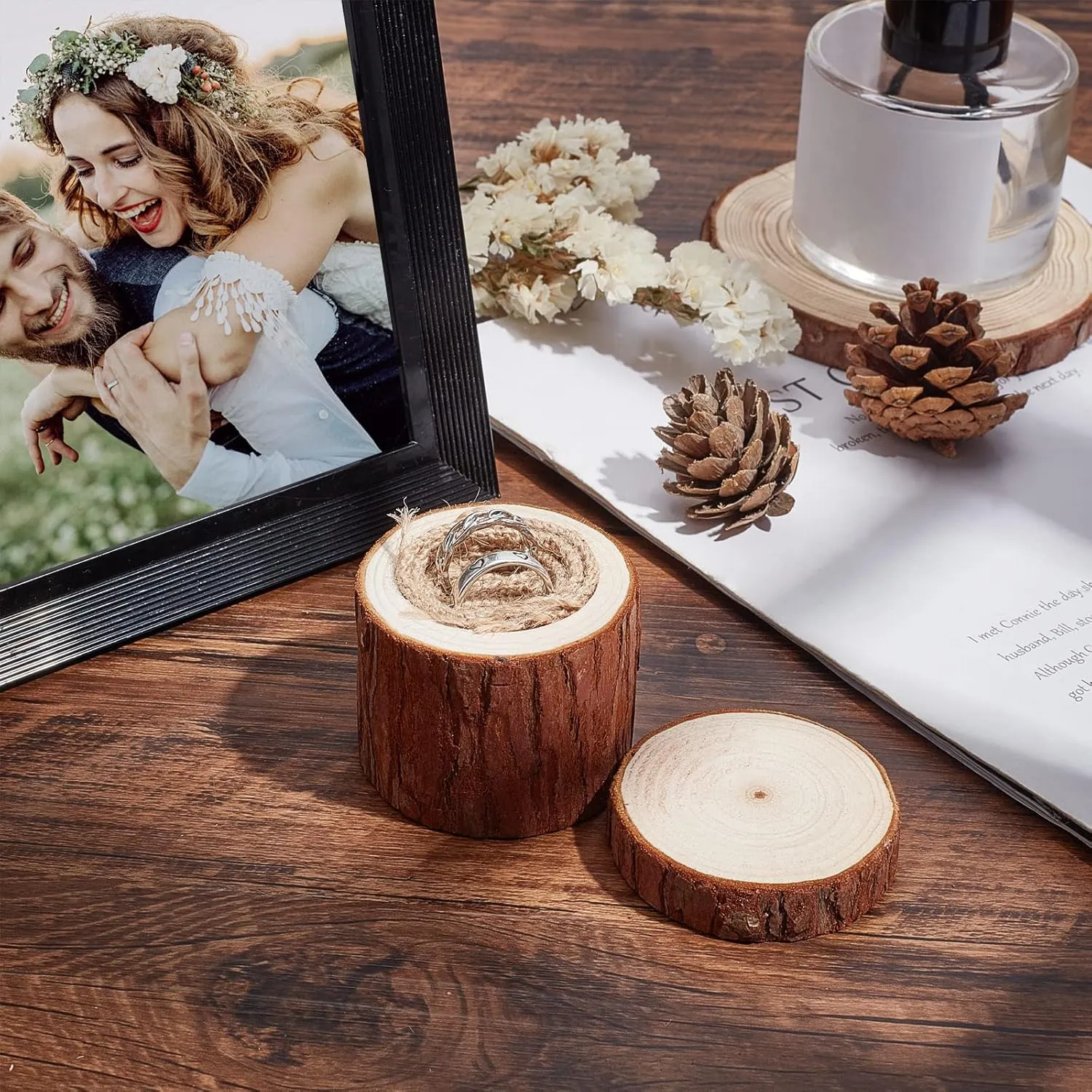 PH PandaHall Wedding Ring Box, Wooden Ring Storage Box Wedding Ceremony Rings Bearer Boxes Rustic Rings Stand Jewelry Holder Storage Case for Anniversary Engagement Gift Decoration 2 x 2 Inch
