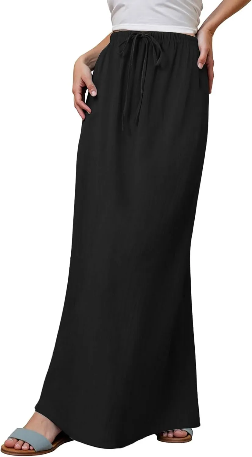 Photno Maxi Skirts for Women Linen Trendy Summer Drawstring Skirt Low Waisted A-Line Skirts Flowy Boho Beach Vacation Outfits
