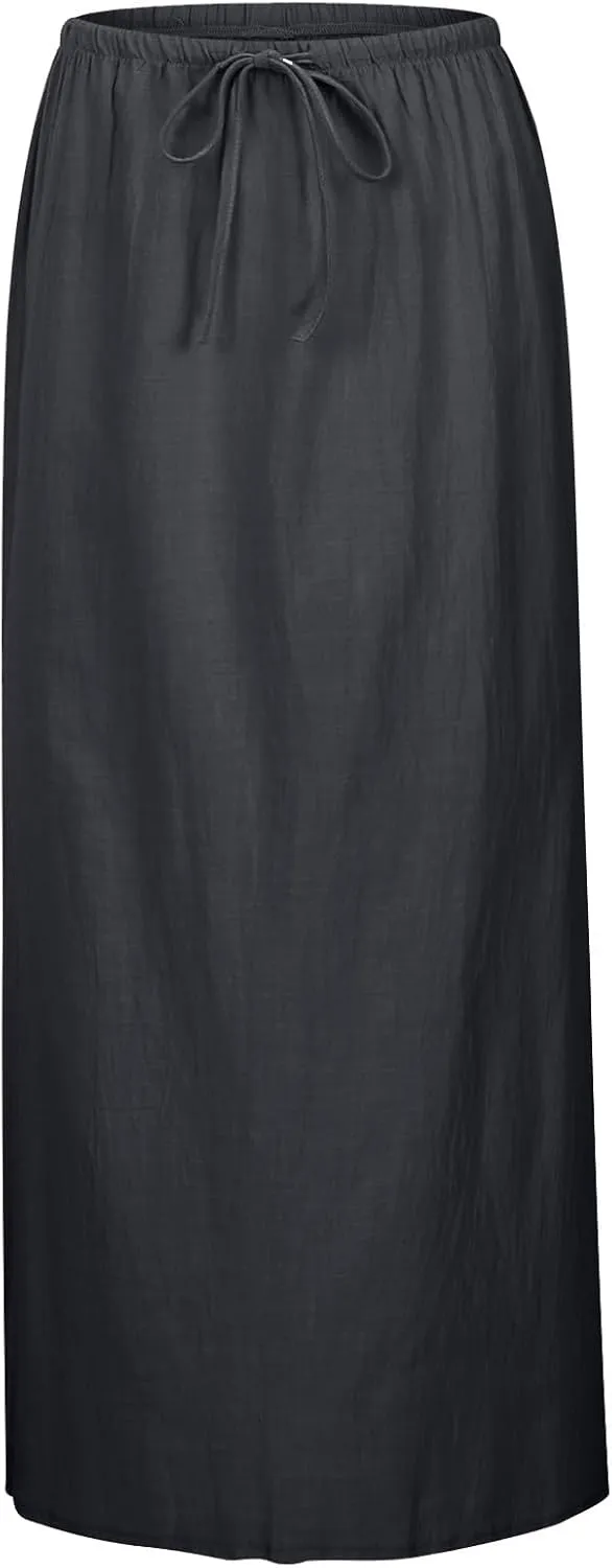 Photno Maxi Skirts for Women Linen Trendy Summer Drawstring Skirt Low Waisted A-Line Skirts Flowy Boho Beach Vacation Outfits