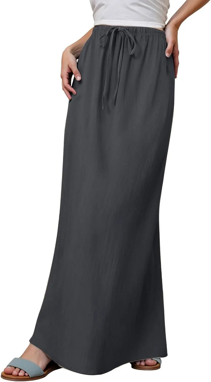 Photno Maxi Skirts for Women Linen Trendy Summer Drawstring Skirt Low Waisted A-Line Skirts Flowy Boho Beach Vacation Outfits