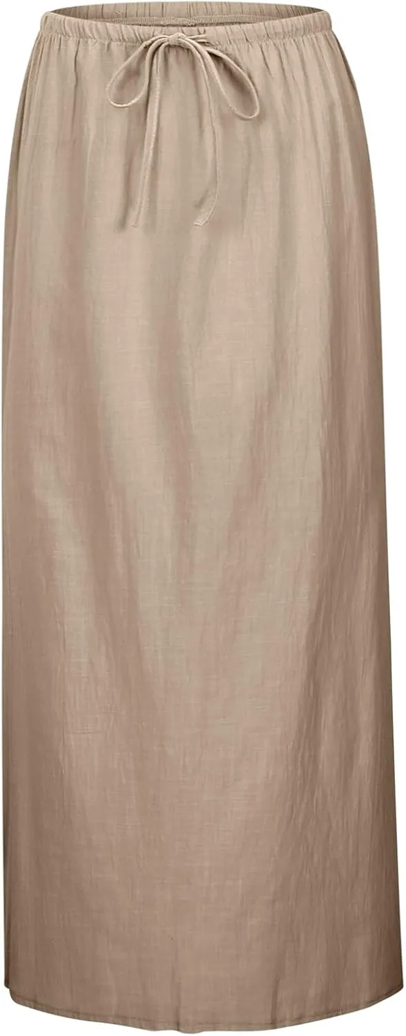 Photno Maxi Skirts for Women Linen Trendy Summer Drawstring Skirt Low Waisted A-Line Skirts Flowy Boho Beach Vacation Outfits
