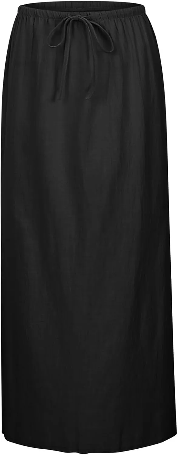 Photno Maxi Skirts for Women Linen Trendy Summer Drawstring Skirt Low Waisted A-Line Skirts Flowy Boho Beach Vacation Outfits