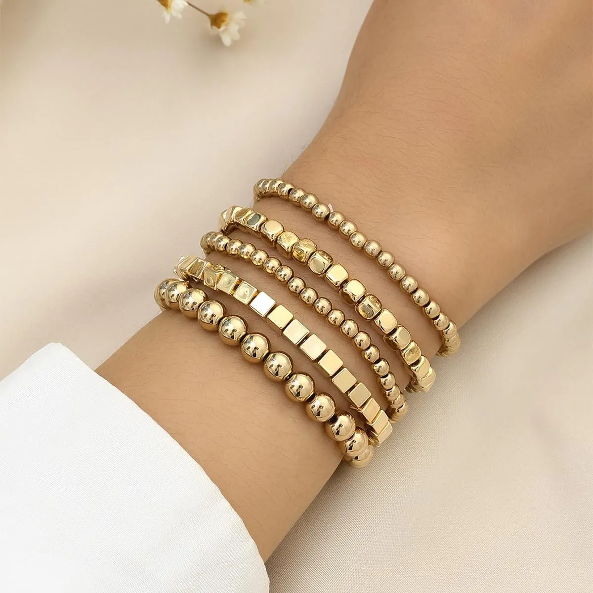 Pingyongchang Stackable Beaded 14K Gold Plated Bracelets Set for Women Men Adjustable Hypoallergenic Stretch Bracelet Boho Cuban Chunky Flat Link Chain Punk Jewelry Girls Holiday Birthday Gifts