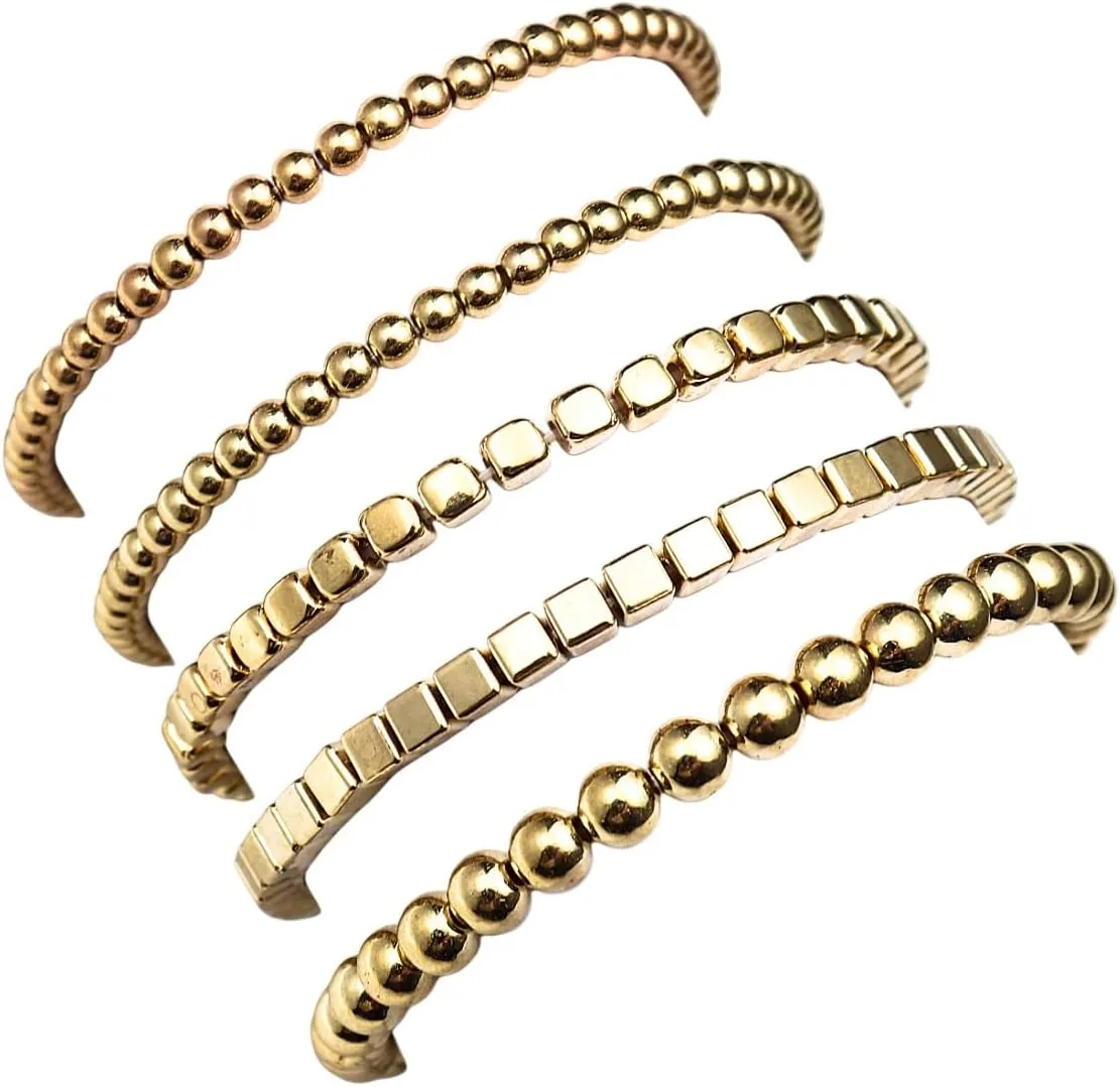 Pingyongchang Stackable Beaded 14K Gold Plated Bracelets Set for Women Men Adjustable Hypoallergenic Stretch Bracelet Boho Cuban Chunky Flat Link Chain Punk Jewelry Girls Holiday Birthday Gifts