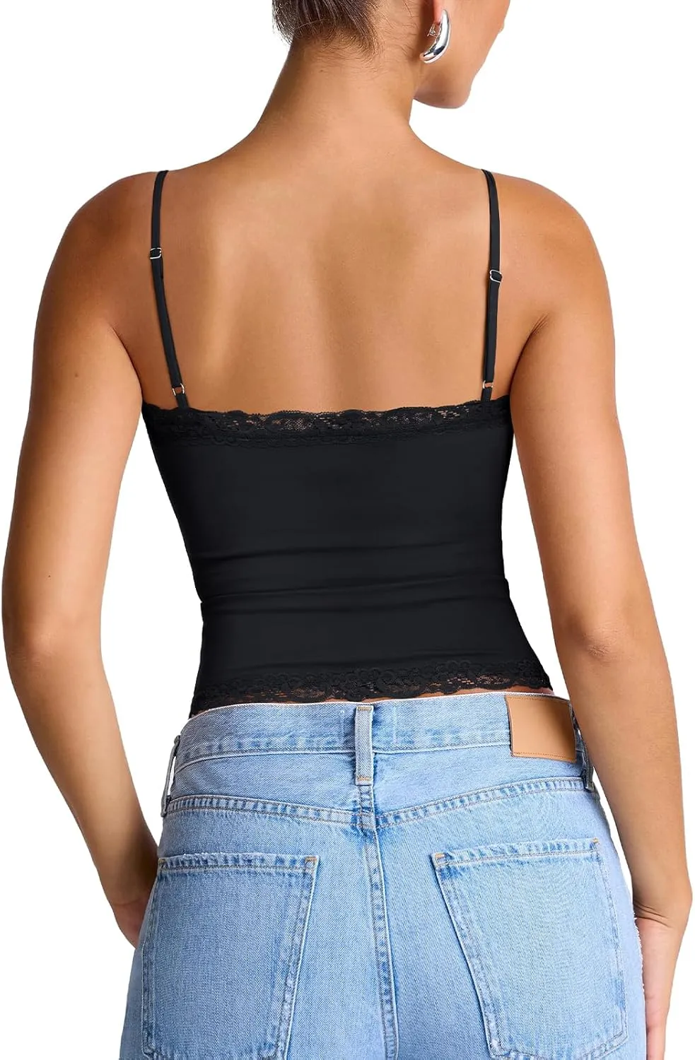 PINKMSTYLE Women's Sexy Square Neck Lace Cami Tank Tops Fitted Double Lined Sleeveless Crop Spaghetti Strap Summer Y2k Tops