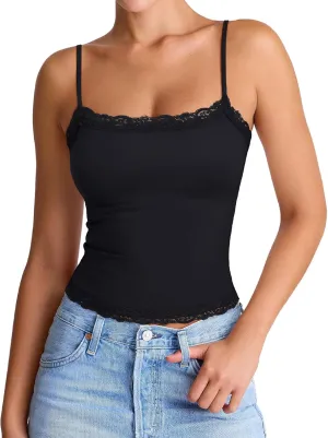 PINKMSTYLE Women's Sexy Square Neck Lace Cami Tank Tops Fitted Double Lined Sleeveless Crop Spaghetti Strap Summer Y2k Tops