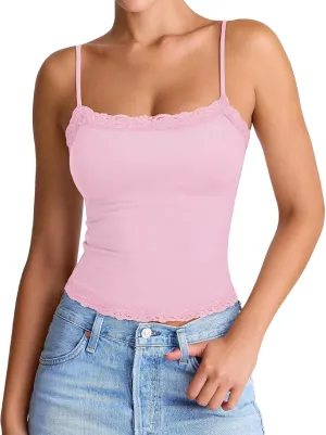 PINKMSTYLE Women's Sexy Square Neck Lace Cami Tank Tops Fitted Double Lined Sleeveless Crop Spaghetti Strap Summer Y2k Tops