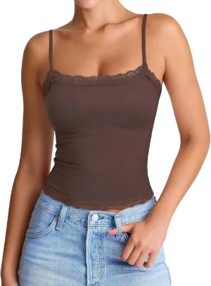 PINKMSTYLE Women's Sexy Square Neck Lace Cami Tank Tops Fitted Double Lined Sleeveless Crop Spaghetti Strap Summer Y2k Tops