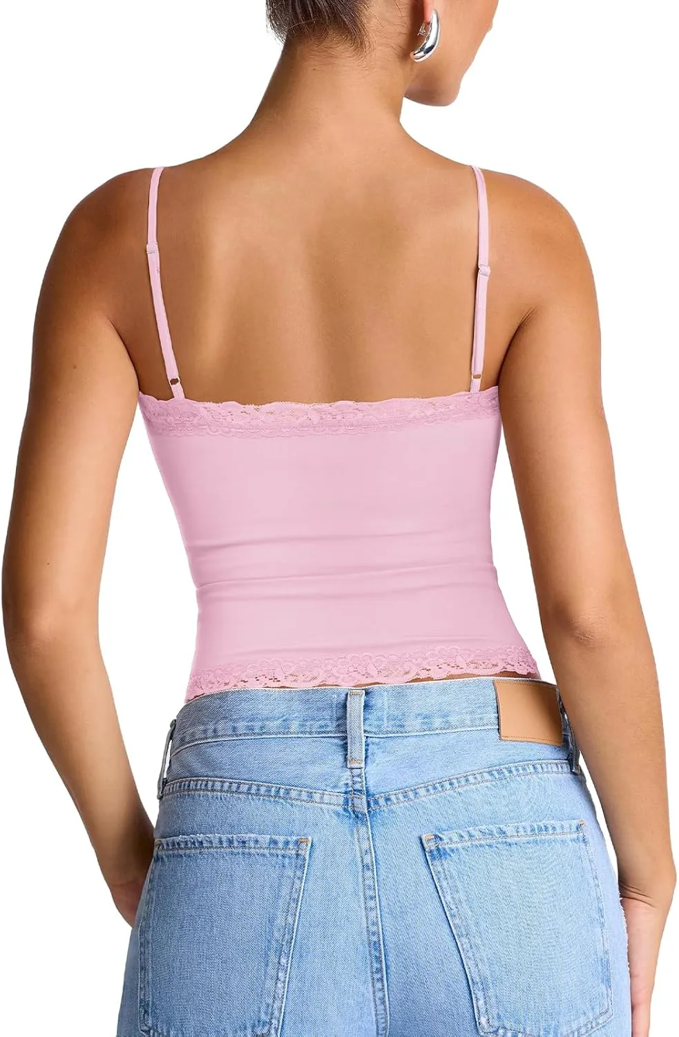 PINKMSTYLE Women's Sexy Square Neck Lace Cami Tank Tops Fitted Double Lined Sleeveless Crop Spaghetti Strap Summer Y2k Tops