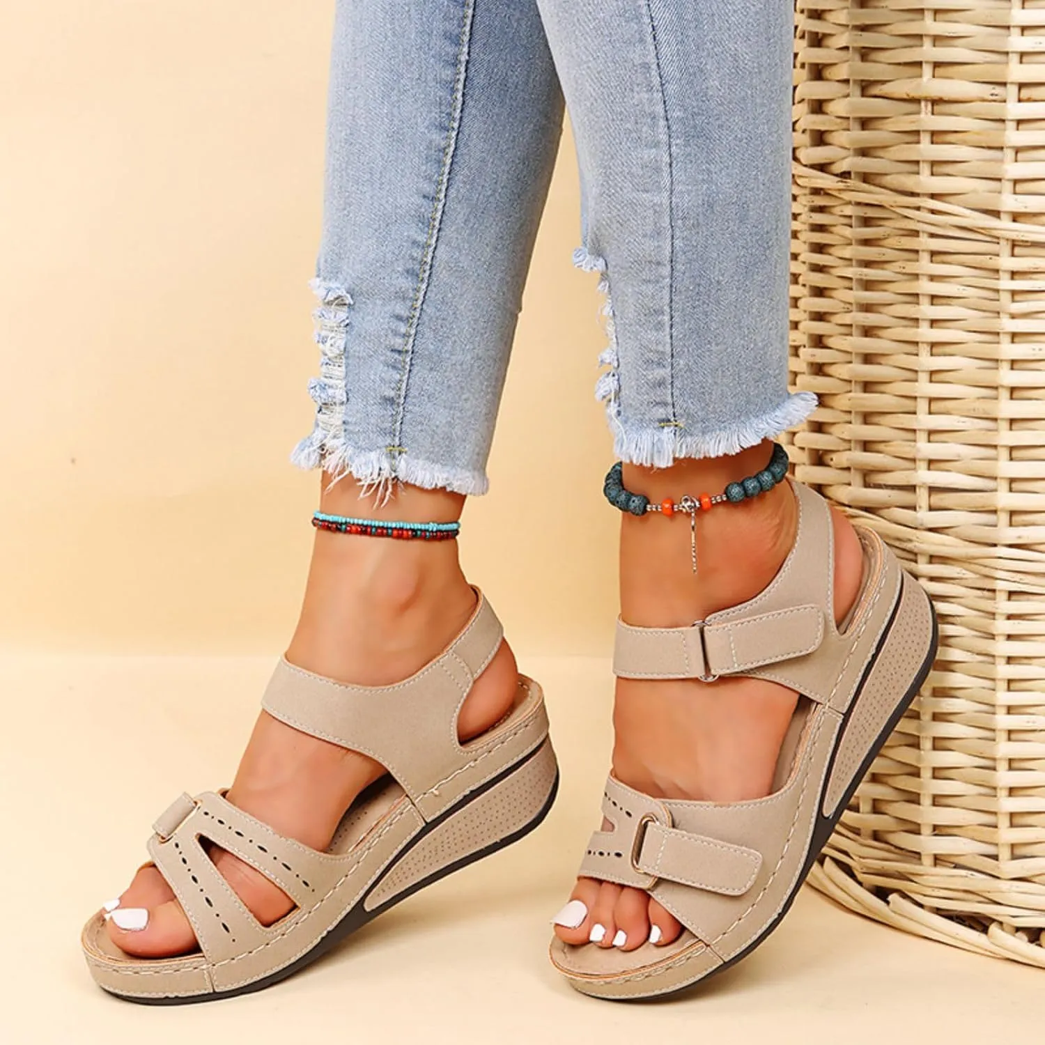 Platform Sandals Women Wedge Orthopedic Sandals Comfort Slip On Wedges Buckle Ankle Strap Open Toe Walking Beach Shoes