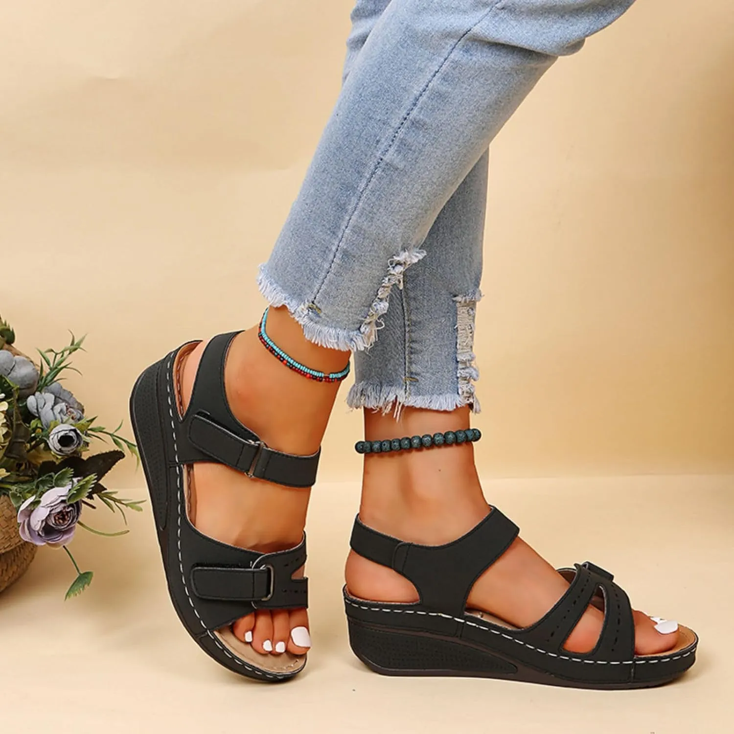 Platform Sandals Women Wedge Orthopedic Sandals Comfort Slip On Wedges Buckle Ankle Strap Open Toe Walking Beach Shoes
