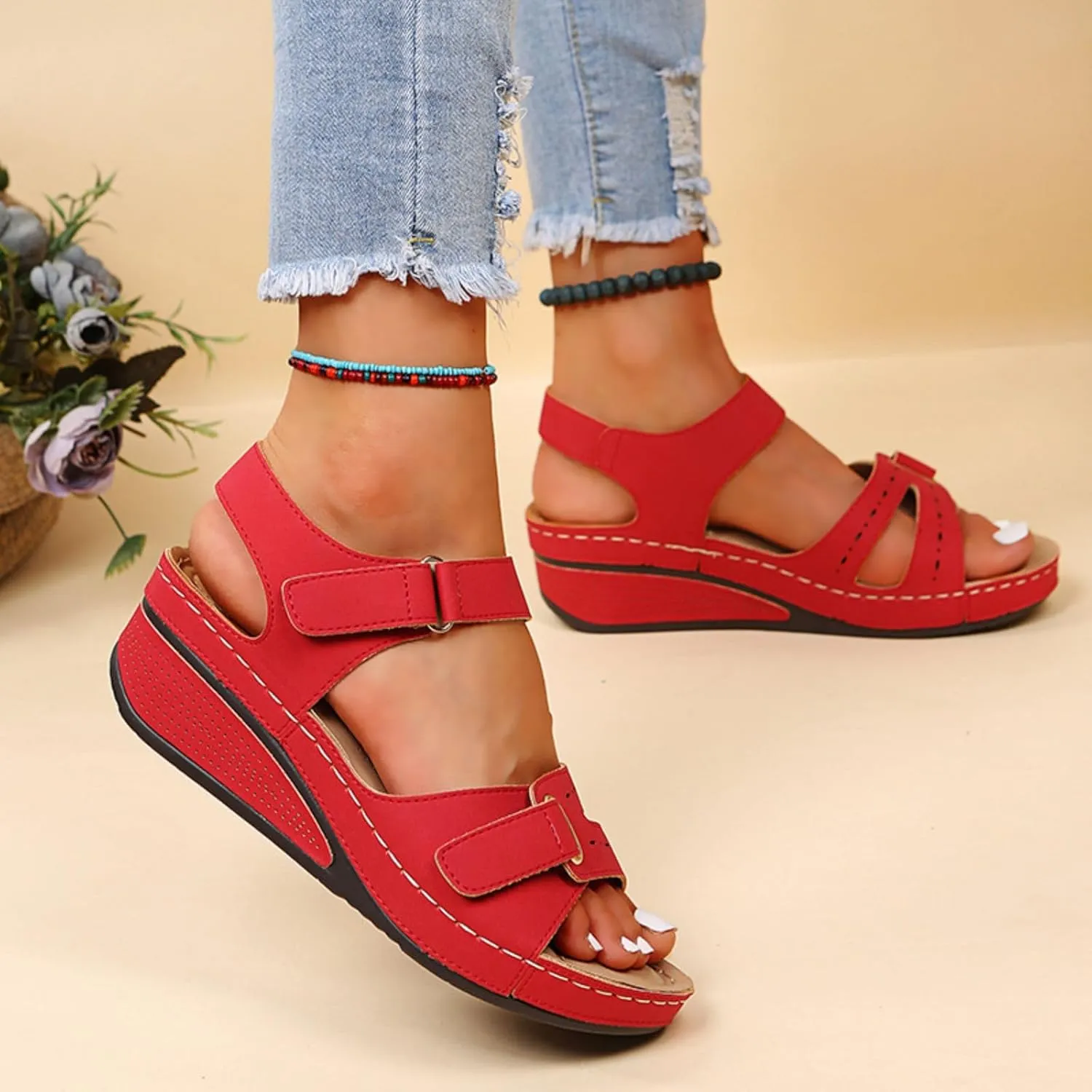 Platform Sandals Women Wedge Orthopedic Sandals Comfort Slip On Wedges Buckle Ankle Strap Open Toe Walking Beach Shoes