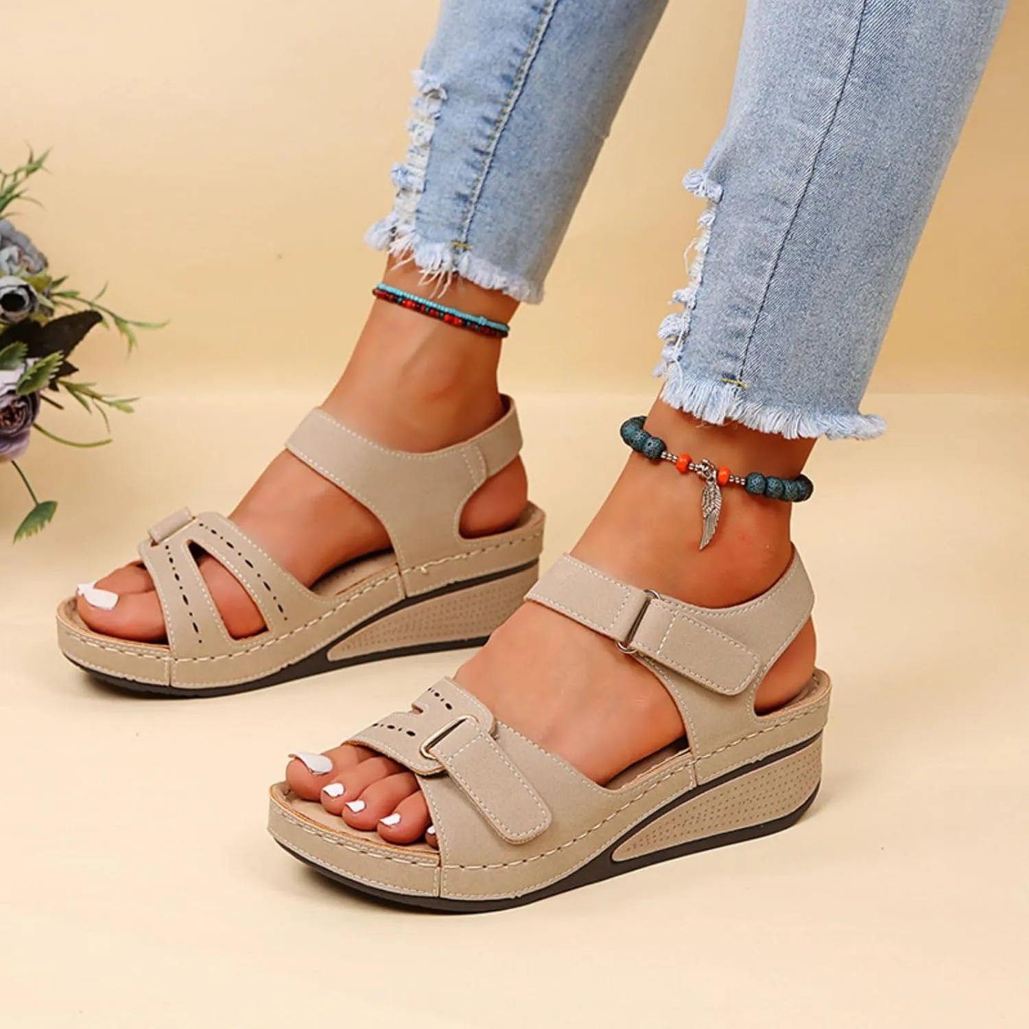 Platform Sandals Women Wedge Orthopedic Sandals Comfort Slip On Wedges Buckle Ankle Strap Open Toe Walking Beach Shoes
