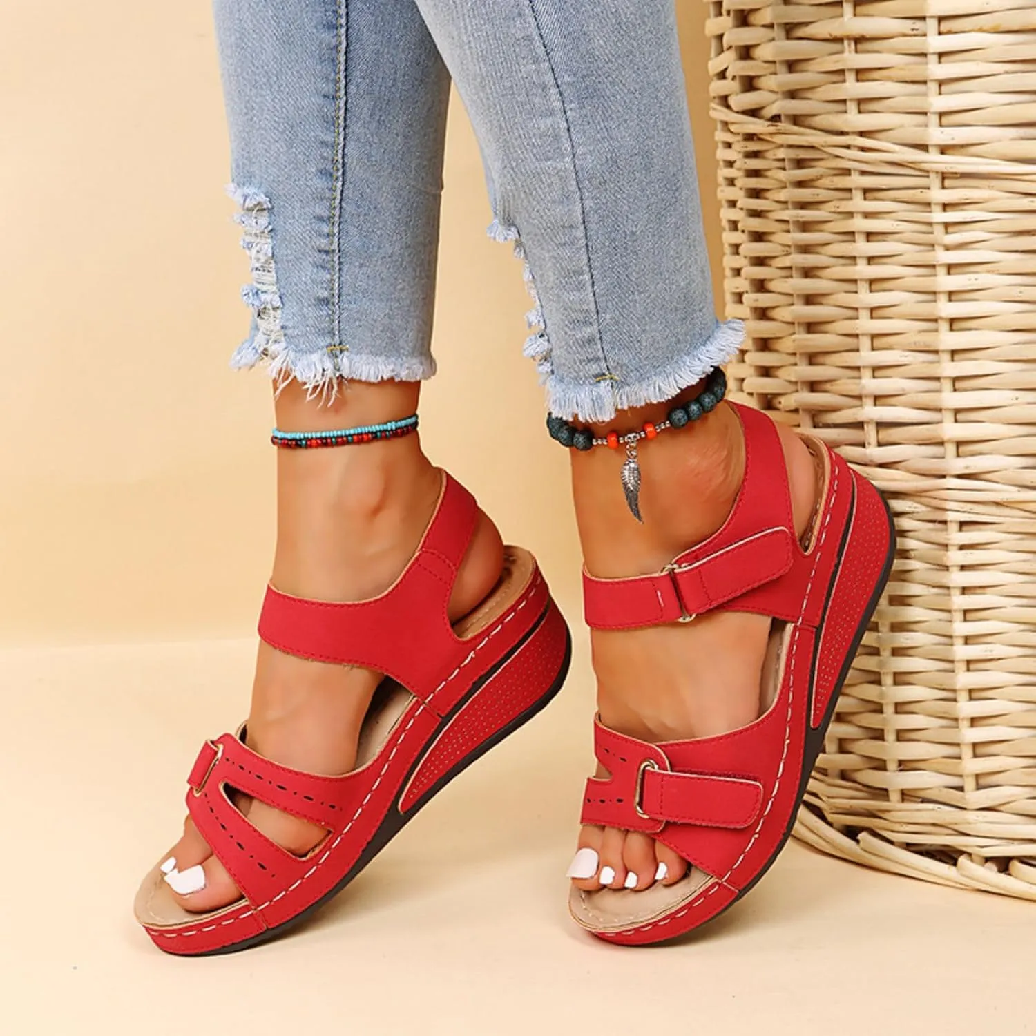 Platform Sandals Women Wedge Orthopedic Sandals Comfort Slip On Wedges Buckle Ankle Strap Open Toe Walking Beach Shoes