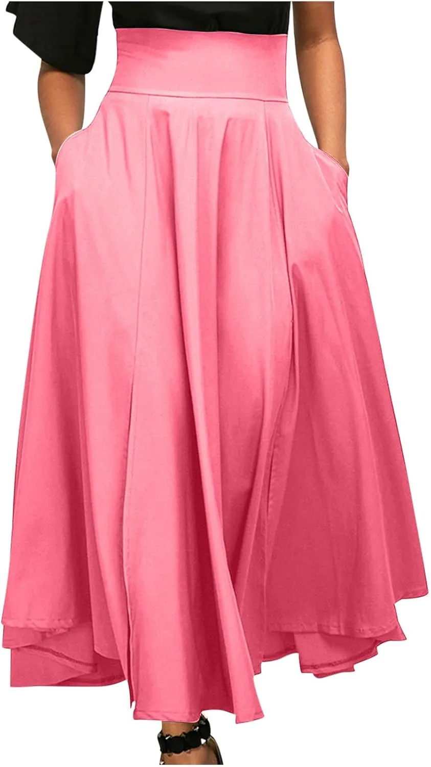 Plus Size Skirt for Women Stretch High Waist Pleated Ruffle Maxi Skirts with Pockets Summer Elegant Knee-Length Skirt