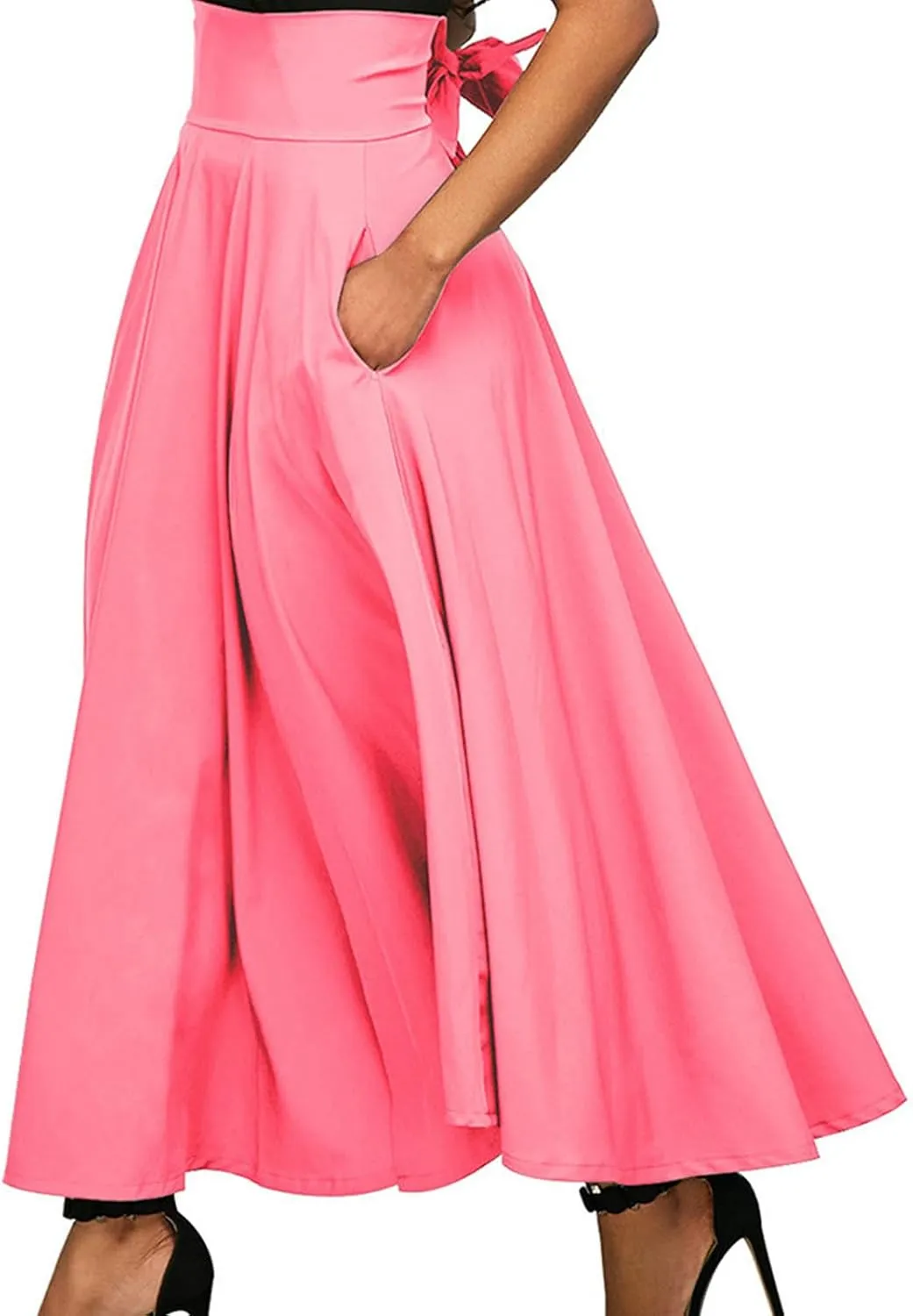 Plus Size Skirt for Women Stretch High Waist Pleated Ruffle Maxi Skirts with Pockets Summer Elegant Knee-Length Skirt