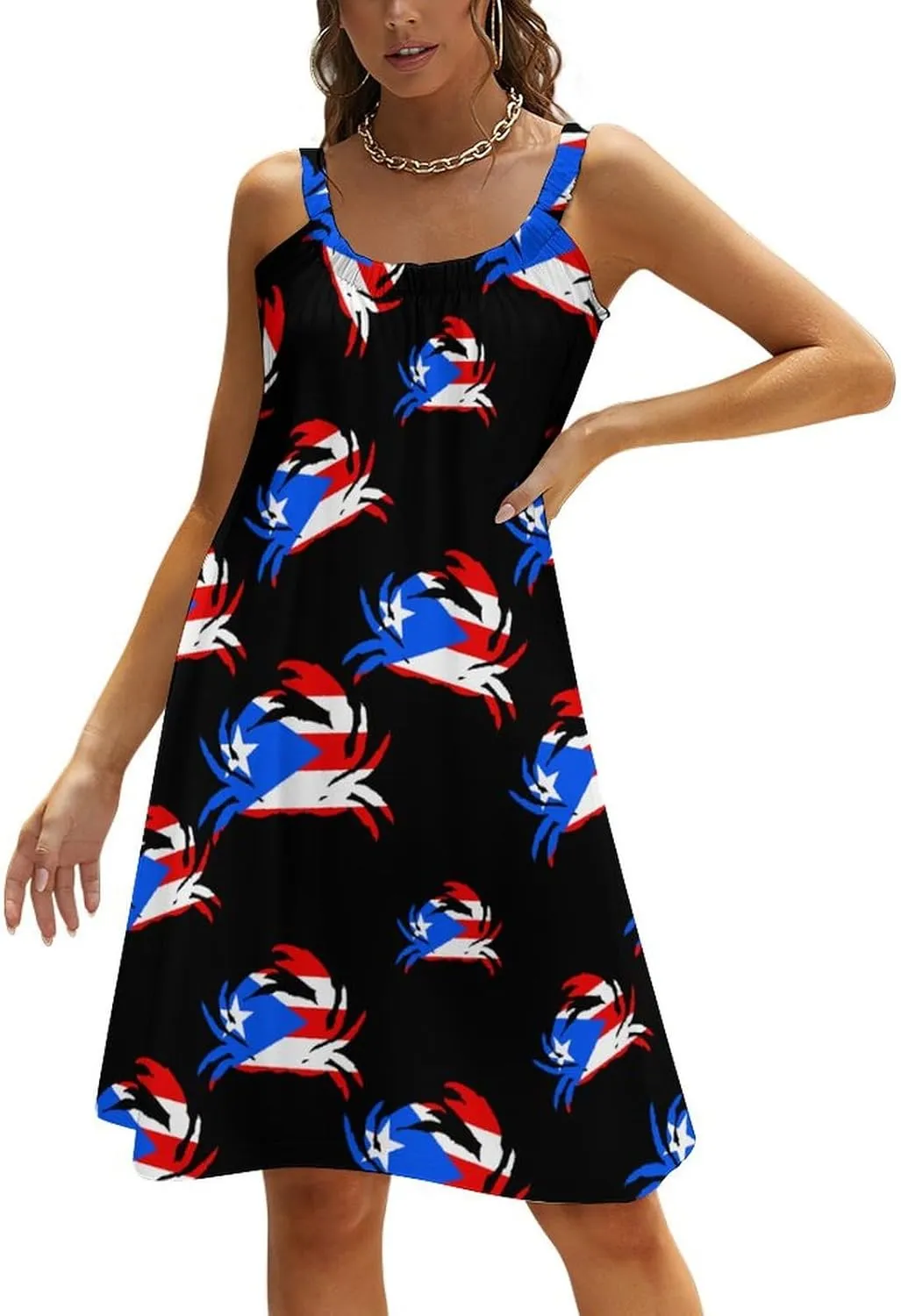 P.R. Crab Puerto.Rico Flag Spaghetti Strap Dresses for Women Sleeveless Plus Size Loose Midi Beach Vacation Dress