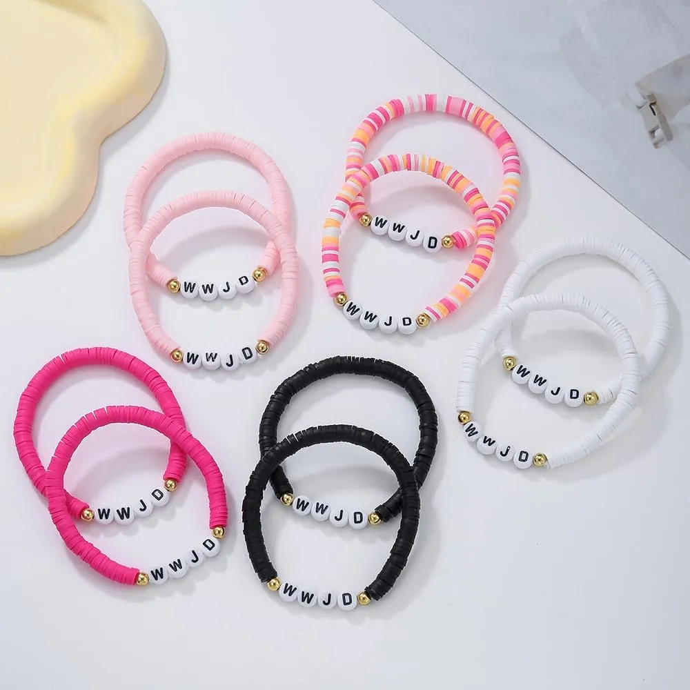 Preppy Jewelry Bracelets for Women Handmade Friendship Bracelets Clay Bead Colorful Surfer Heishi Bracelet Set Stackable Boho Y2K Summer Beach Elastic Layering Bracelets