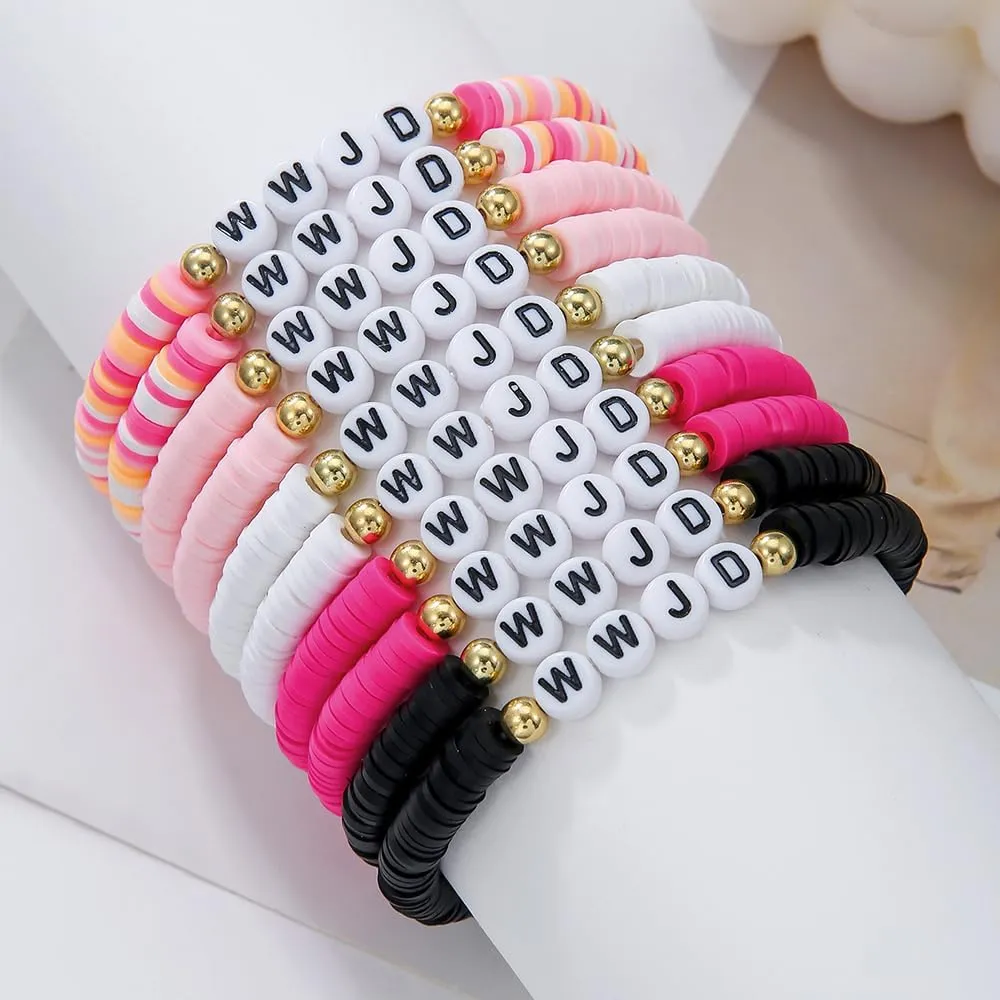Preppy Jewelry Bracelets for Women Handmade Friendship Bracelets Clay Bead Colorful Surfer Heishi Bracelet Set Stackable Boho Y2K Summer Beach Elastic Layering Bracelets