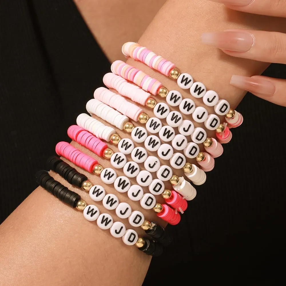 Preppy Jewelry Bracelets for Women Handmade Friendship Bracelets Clay Bead Colorful Surfer Heishi Bracelet Set Stackable Boho Y2K Summer Beach Elastic Layering Bracelets