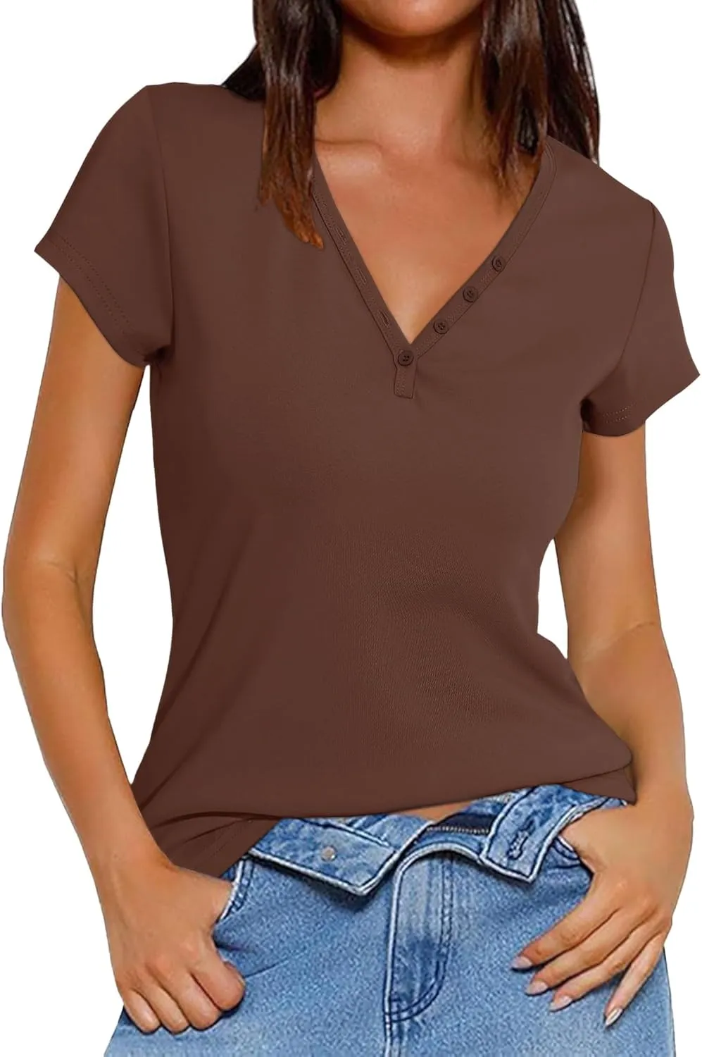 Prettywear Women's V Neck T Shirt Short Sleeve Summer Shirts Cotton Tops Basic Casual Trendy Tee