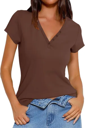 Prettywear Women's V Neck T Shirt Short Sleeve Summer Shirts Cotton Tops Basic Casual Trendy Tee
