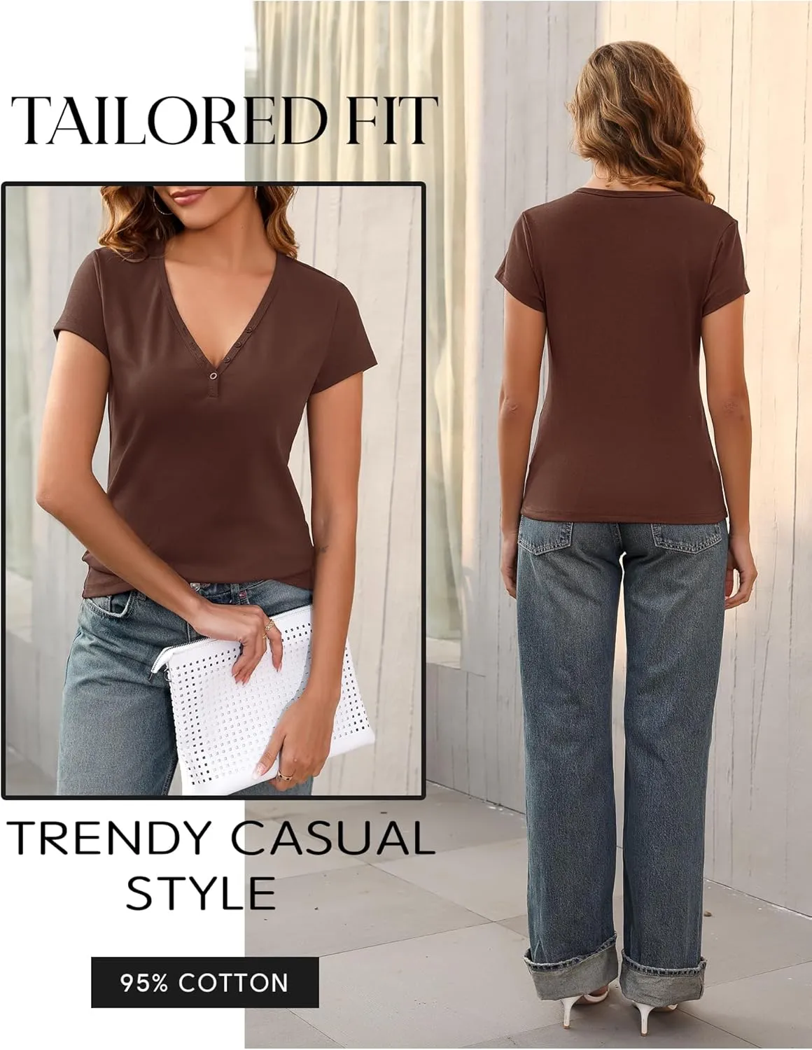 Prettywear Women's V Neck T Shirt Short Sleeve Summer Shirts Cotton Tops Basic Casual Trendy Tee
