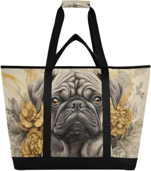 Pugdog Flower Cute Large Insulated Reusable Tote Bag for Grocery Shopping for Women Men, Cooler Bag with Zippered Top & Handles for Travel Beach Picnic