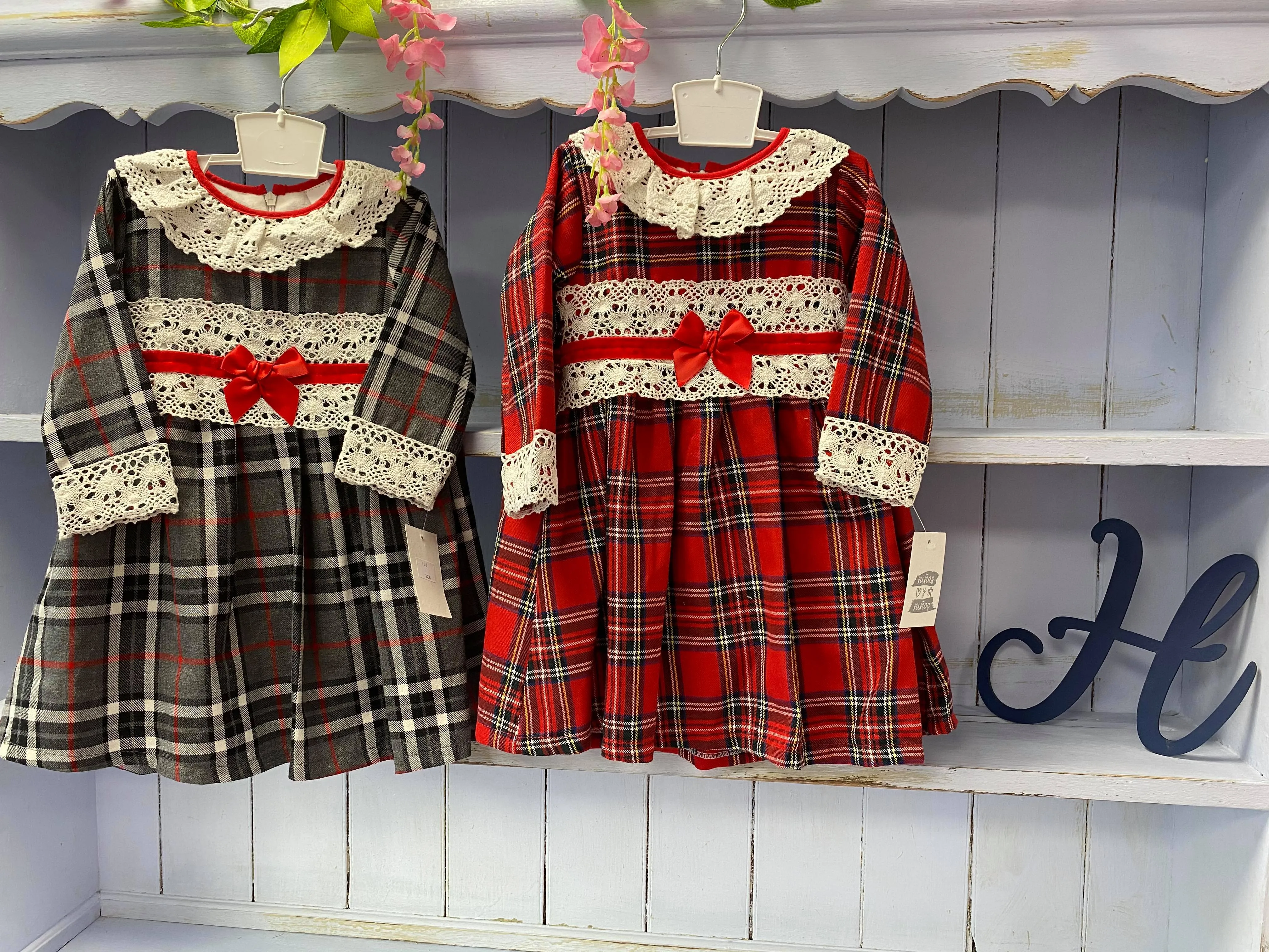 "Eve" 18/24/36M** Grey or Red Tartan Dress With Lace Detail