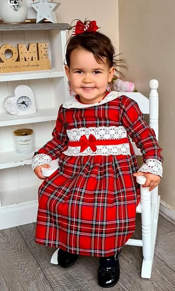 "Eve" 18/24/36M** Grey or Red Tartan Dress With Lace Detail
