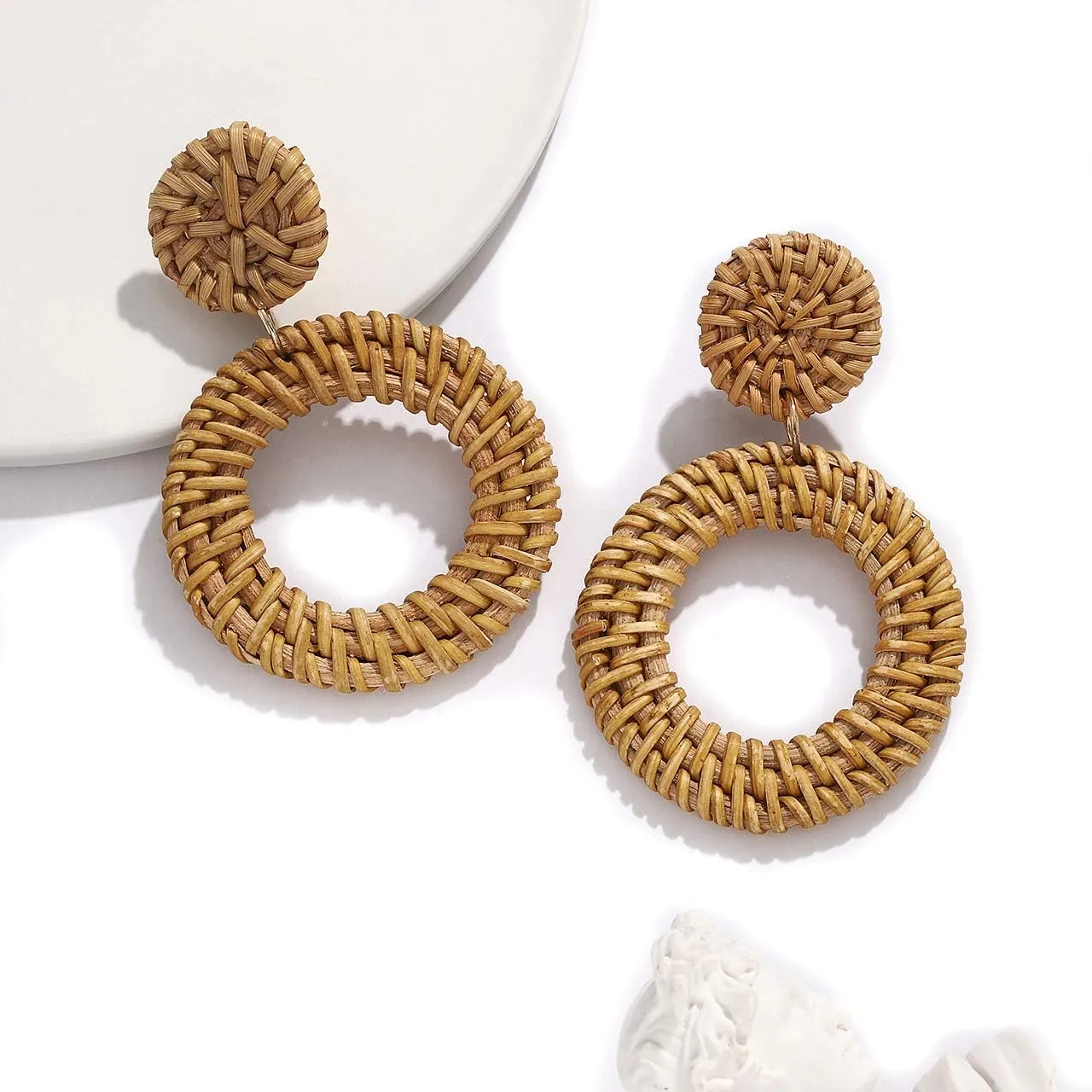 Rattan Earrings for Women Handmade Lightweight Wicker Straw Stud Earrings Statement Weaving Braid Drop Dangle Earring
