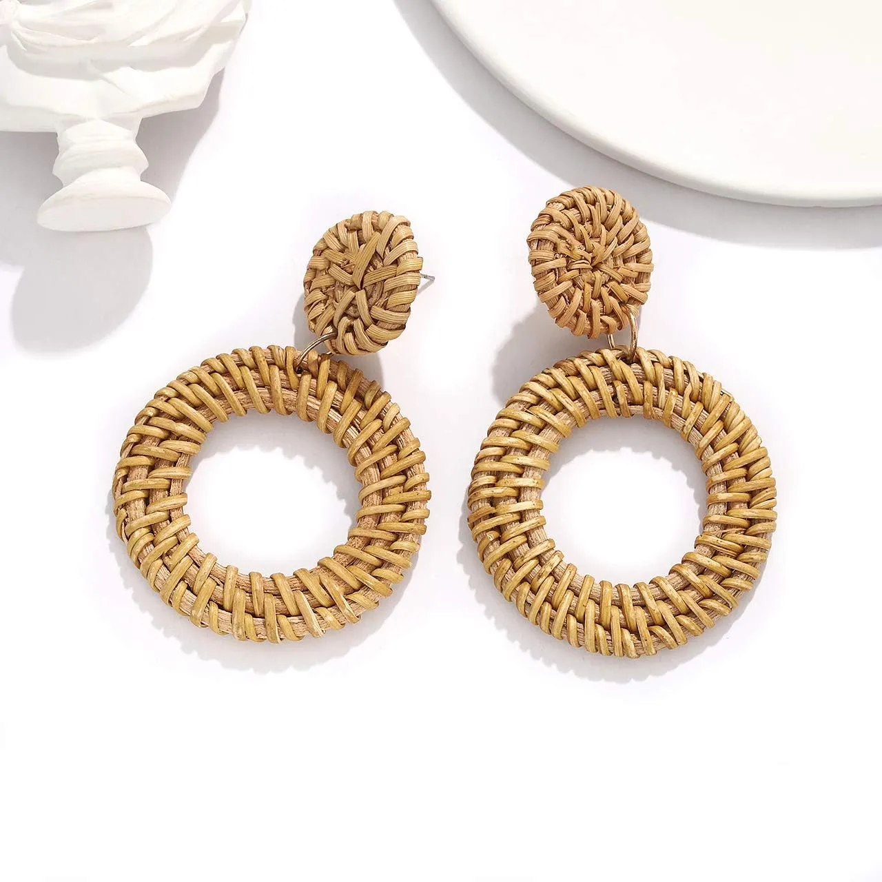 Rattan Earrings for Women Handmade Lightweight Wicker Straw Stud Earrings Statement Weaving Braid Drop Dangle Earring