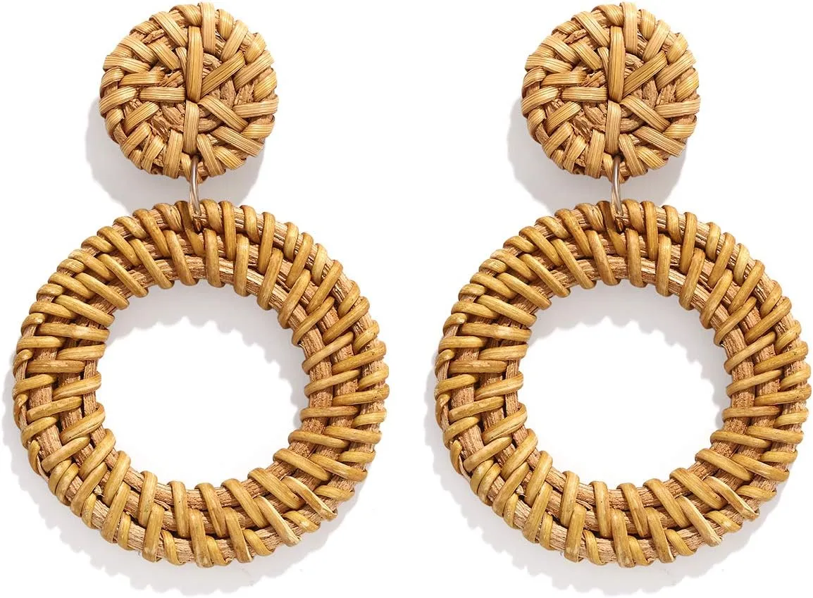 Rattan Earrings for Women Handmade Lightweight Wicker Straw Stud Earrings Statement Weaving Braid Drop Dangle Earring