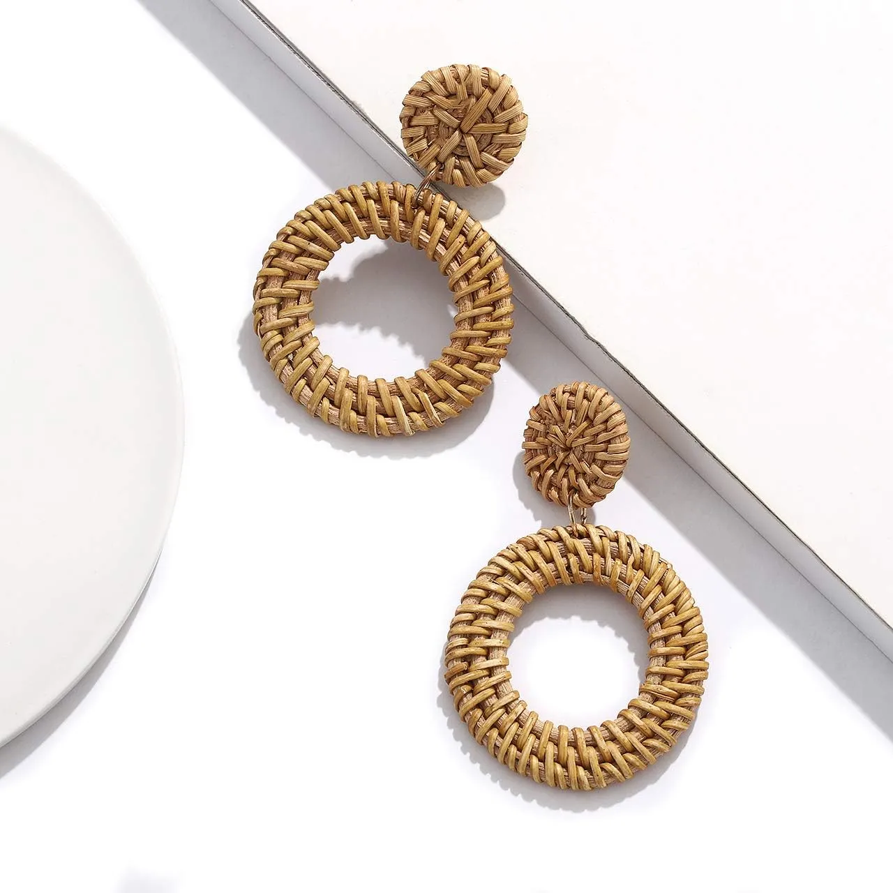 Rattan Earrings for Women Handmade Lightweight Wicker Straw Stud Earrings Statement Weaving Braid Drop Dangle Earring