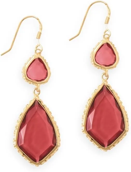 Red Color Glass Double Drop Shape Drop Earrings Gold-plated Sterling Silver