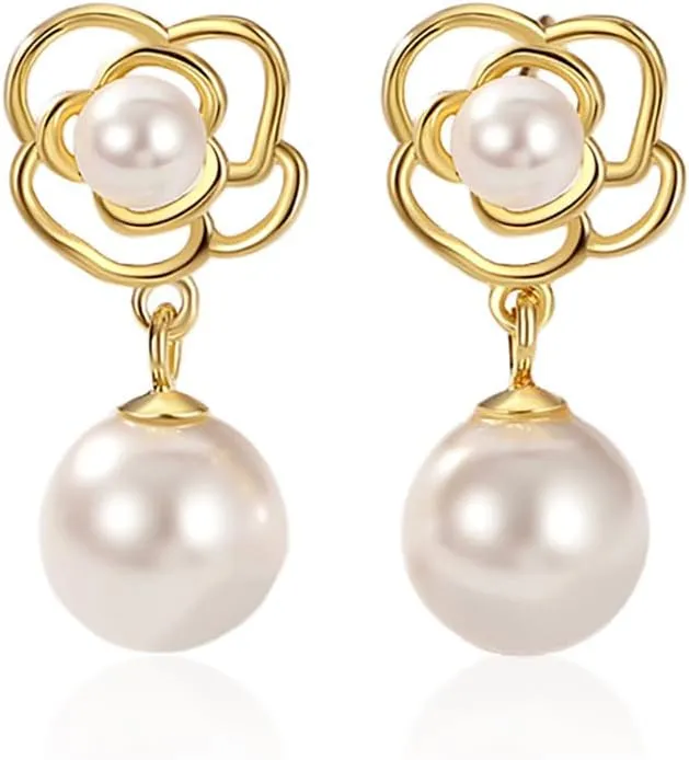 Reffeer Solid 925 Sterling Silver Imitation Pearl Drop Earrings for Women Teen Girls Pearl Flower Drop Earrings Wedding
