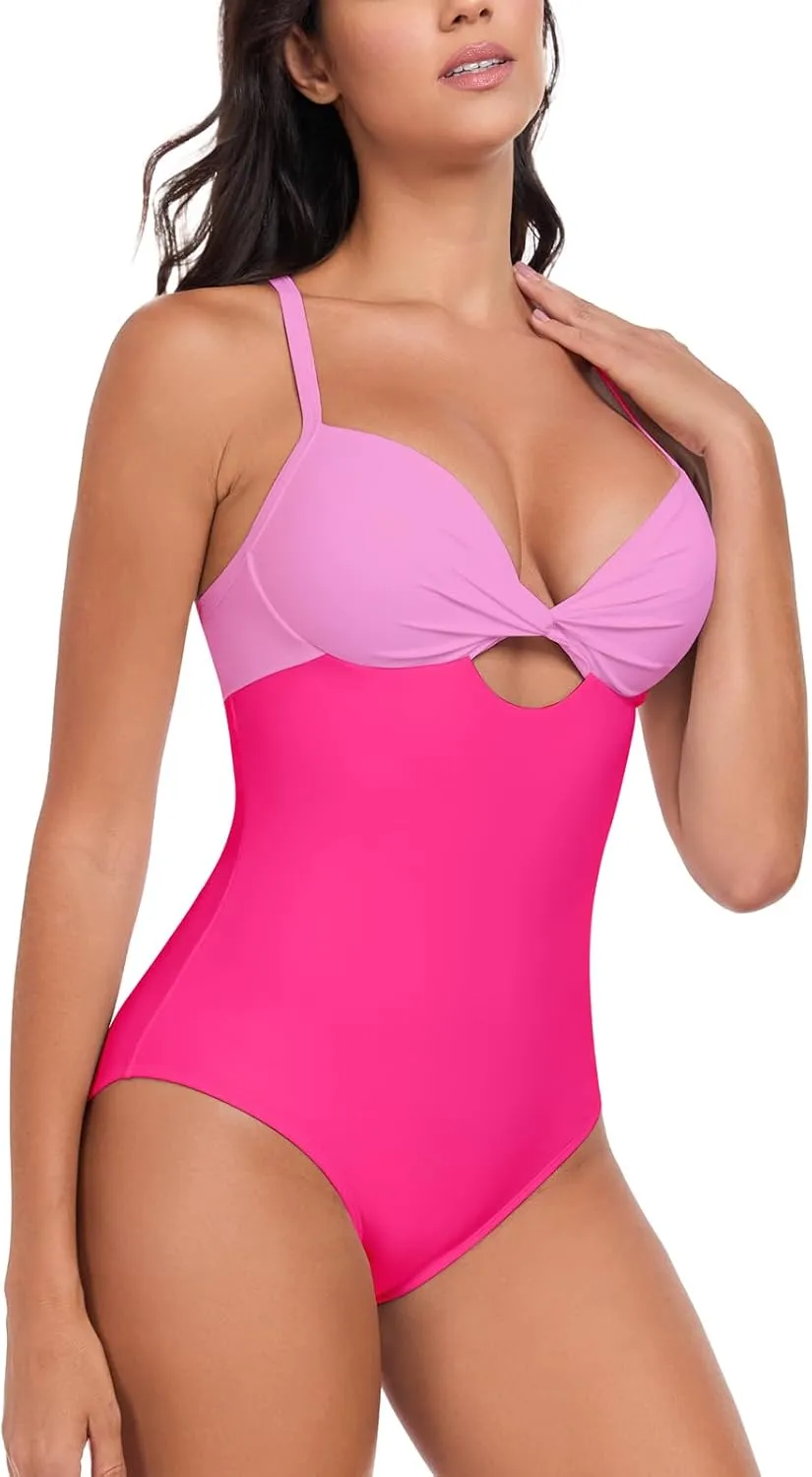 RELLECIGA Womens Push Up One Piece Swimsuit Twist Front Cutout Adjustable Straps Swimwear