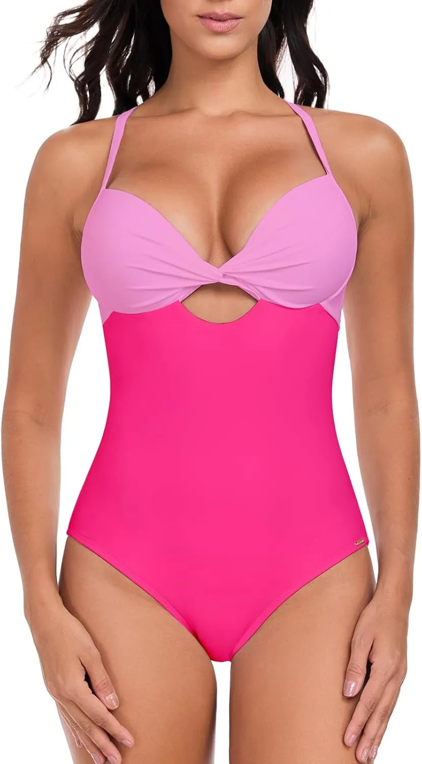 RELLECIGA Womens Push Up One Piece Swimsuit Twist Front Cutout Adjustable Straps Swimwear