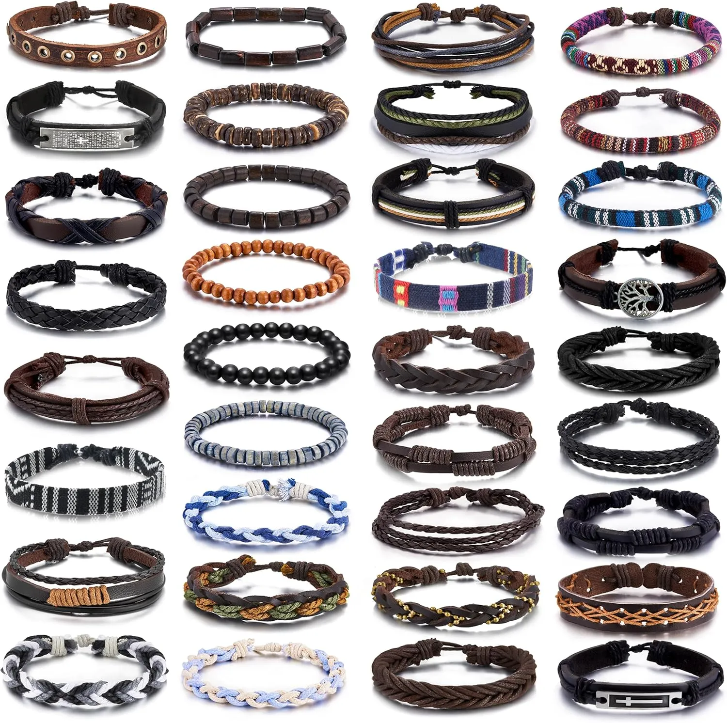 RIOSO 35Pcs Leather Bracelets for Men Women Braided Hemp Wood Bead Bracelet Set Ethnic Tribal Leather Wrap Cuff Wristband Bracelet