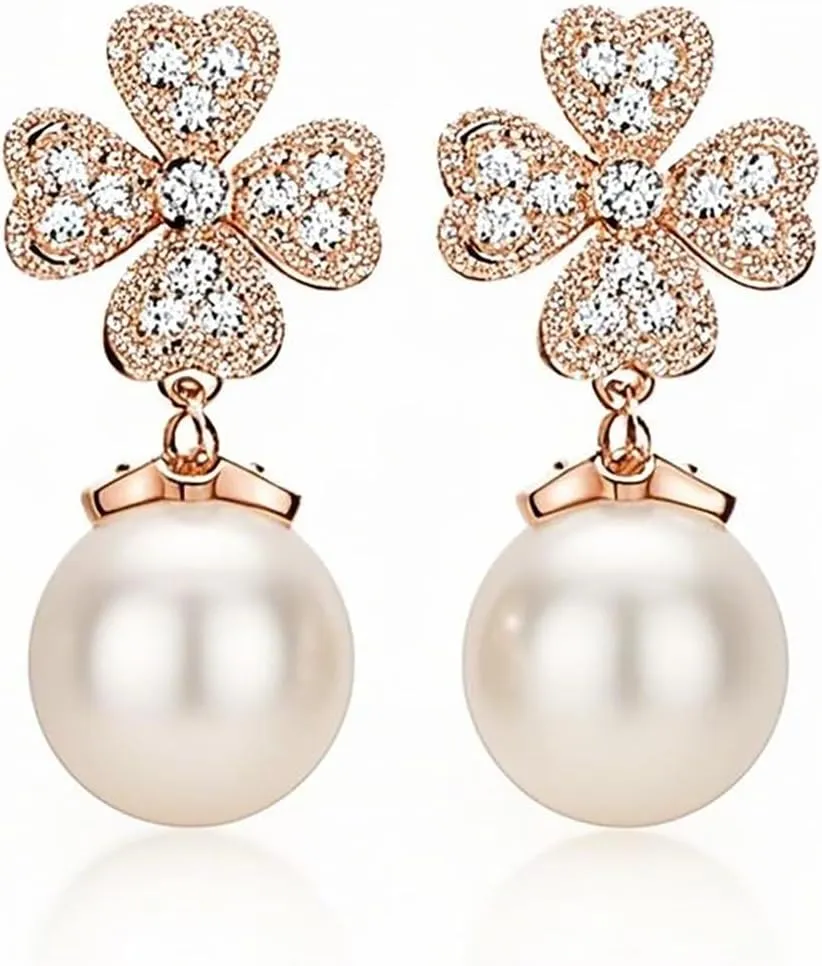 Romantic Floral Pearl Earrings for Women,Lucky Earrings,Heart Petal Design with Sparkling Crystals,Elegant Jewelry Gifts for Weddings,Parties,and Dates