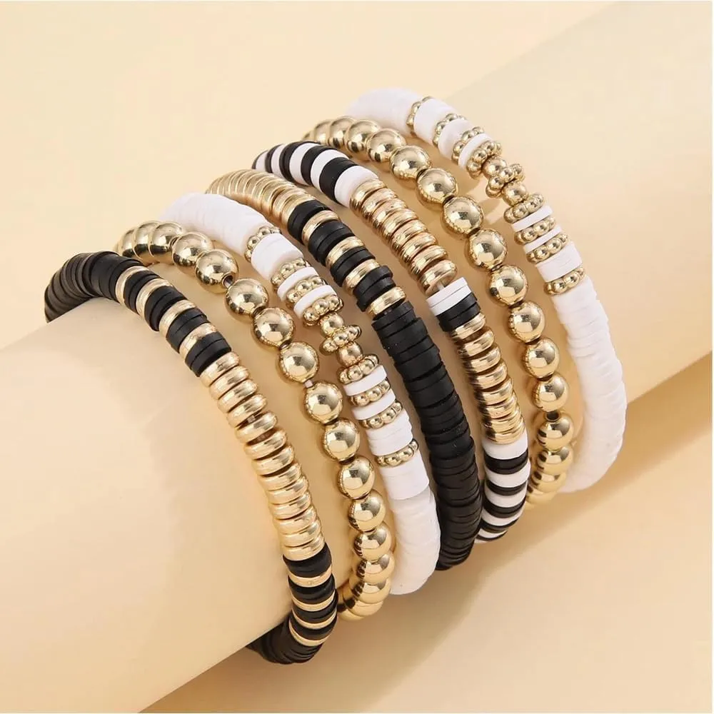 Rrdaily 7Pcs Surfer Heishi Clay Bead Bracelets for Women Men,Gold Layered Stackable Stretchy Bracelets for Beach,Trendy Black Friendship Bangle Set