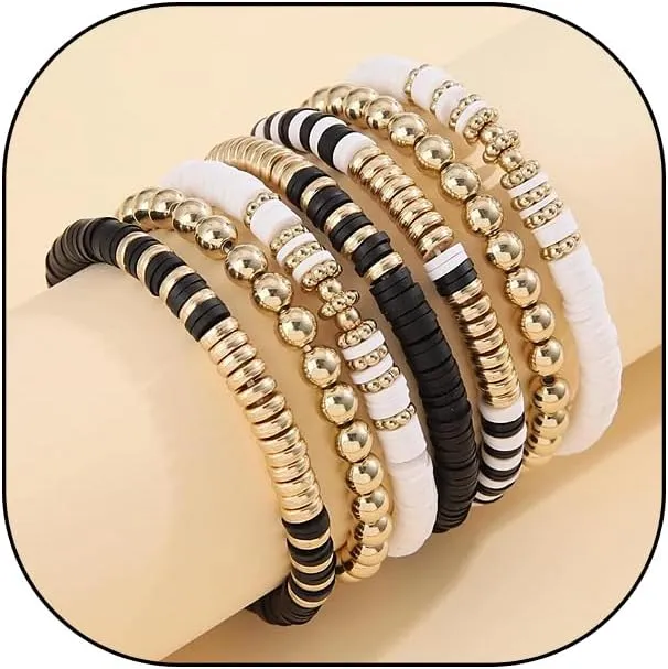 Rrdaily 7Pcs Surfer Heishi Clay Bead Bracelets for Women Men,Gold Layered Stackable Stretchy Bracelets for Beach,Trendy Black Friendship Bangle Set